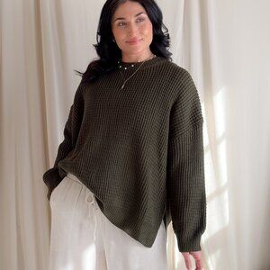 Olive Waffle Knit Relaxed Fit Sweater for Women